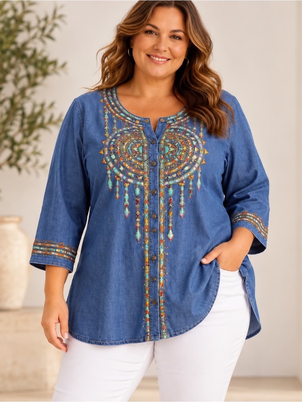 Bob Mackie Wearable Art Embroidered Denim Jacket XL Boho Western Artistic Top